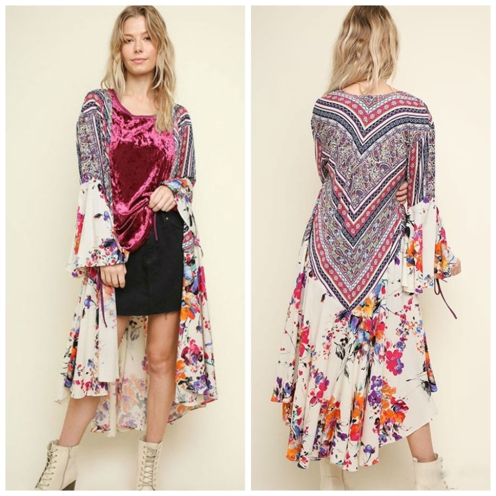 Boho Floral Patchwork Kimono Sz S & M JUNIORS